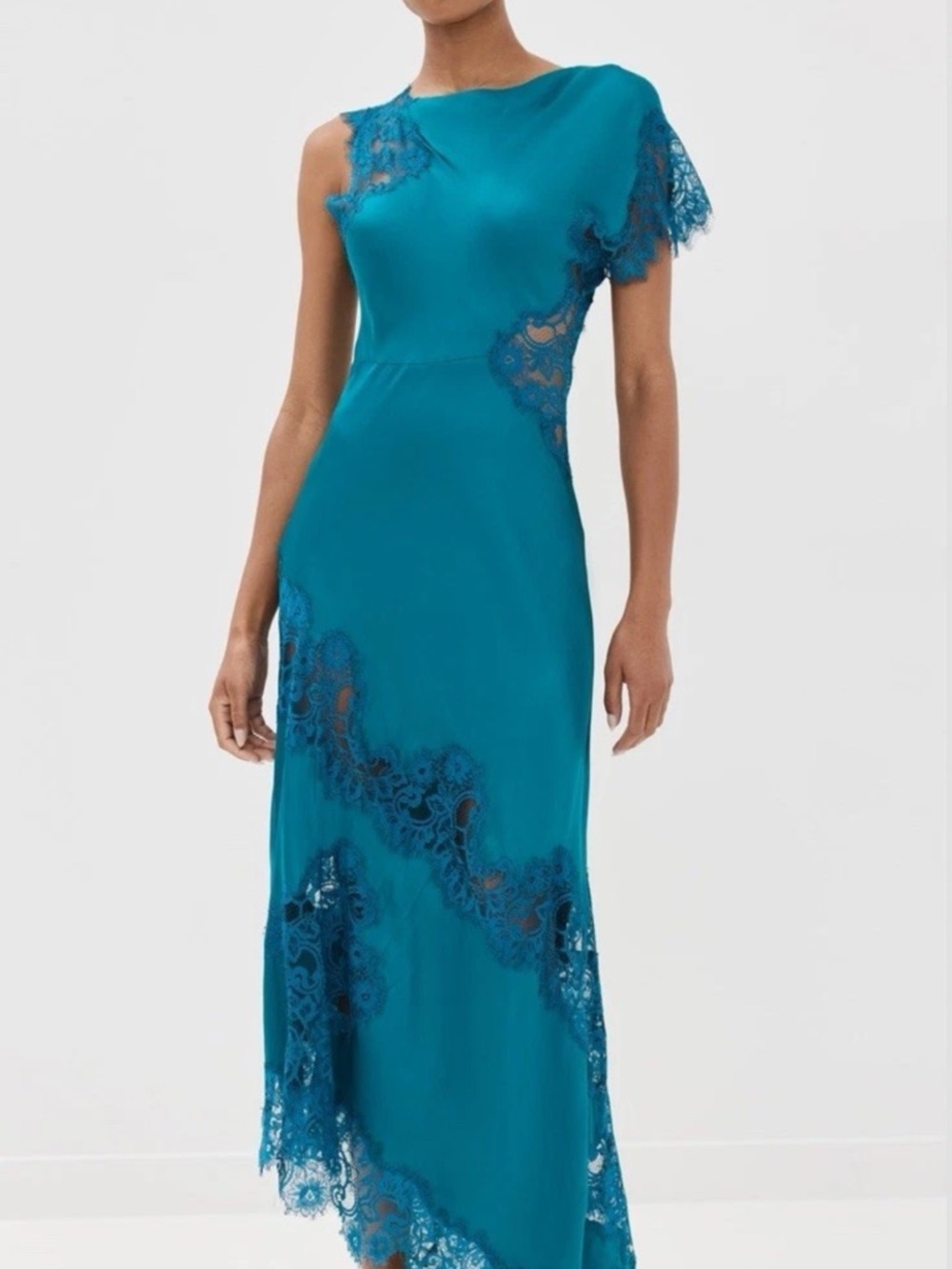 A.L.C. One-Shoulder Teal Lace-Trim Gown